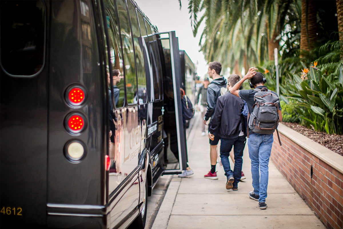 Students boarding the complimentary Lorenzo shuttle